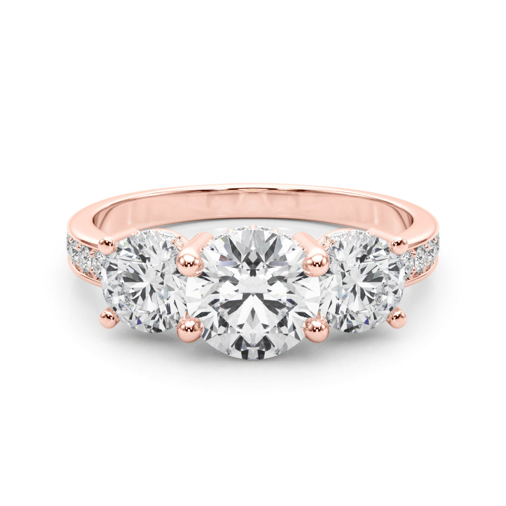 Rose gold ring with a large diamond and smaller diamonds on the band