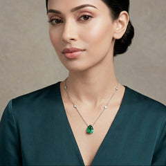 Lab Emerald and Diamond Teardrop Solitaire Necklace in Silver - 2.40ct
