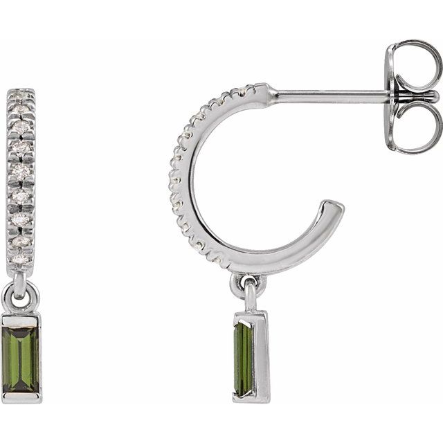 Green Tourmaline & Diamond Baguette Hoop Earrings in Gold and Platinum