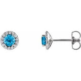 Swiss Blue Topaz & Diamond Round Halo Stud Earrings in Gold and Platinum