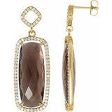 Smoky Quartz & Diamond Cushion Halo Stud Earrings in Gold and Platinum