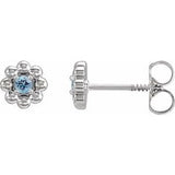 Aquamarine Round Floral Stud Earrings in Gold and Platinum