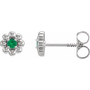 Emerald Round Floral Stud Earrings in Gold and Platinum