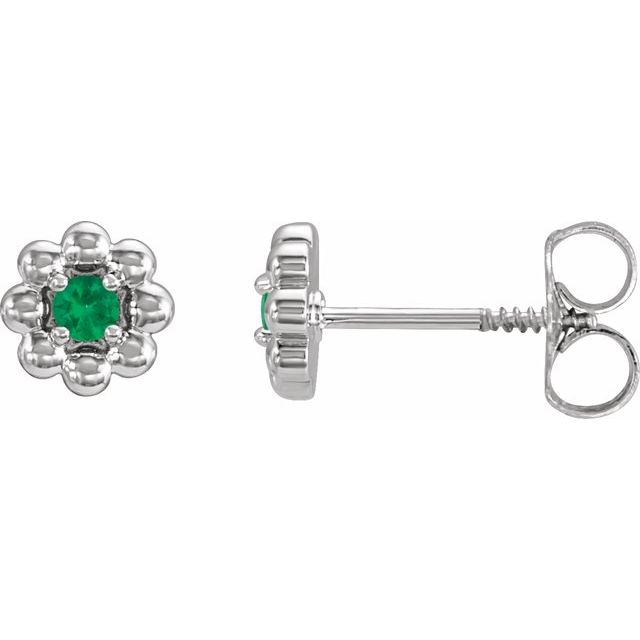 Emerald Round Floral Stud Earrings in Gold and Platinum