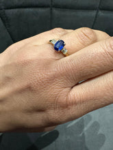 9K Yellow Gold Prong Set Three Stone Natural Saphire Oval Diamond Ring