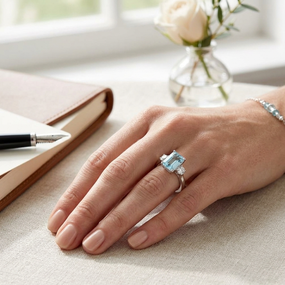 Emerald Cut Aquamarine Ring with Diamond Side Stones