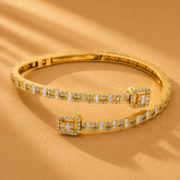 WGI 5.03 Carat Natural Round and Baguette Diamond Bangle, 14K Yellow Gold Ready To Ship