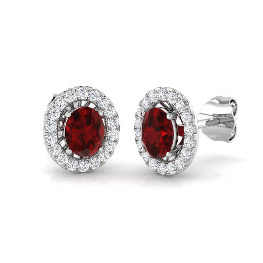 Ruby Halo Diamond Stud Earrings with Oval Cut Ruby