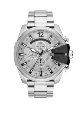 Diesel Mens Mega Chief Chronograph Silver-Tone Stainless Steel Watch DZ4501