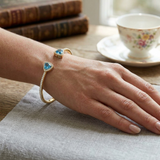9K Yellow Gold Trillion Cut Blue Topaz Open Cuff Bangle with Natural Halo Diamond