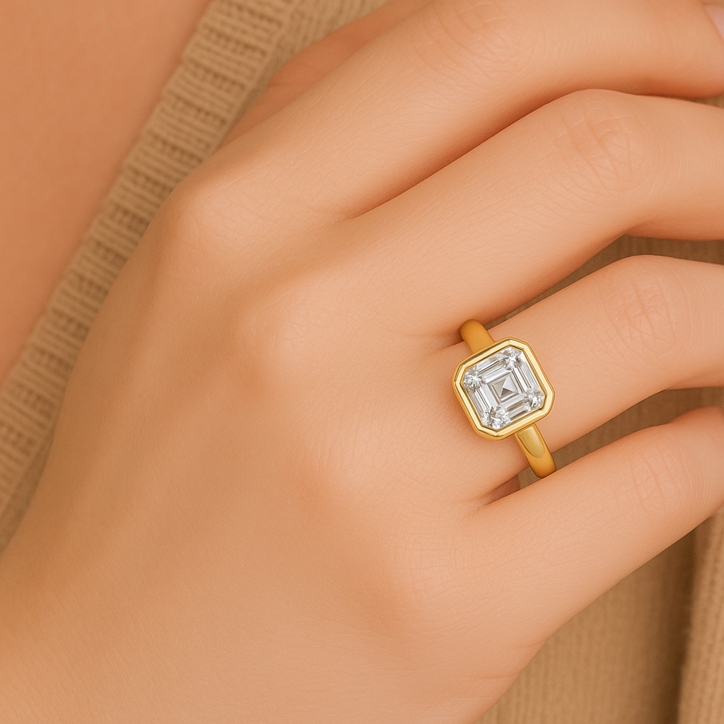 Lab-Grown Asscher Cut Diamond Bezel Set Solitaire Engagement Ring, D Color VVS Clarity