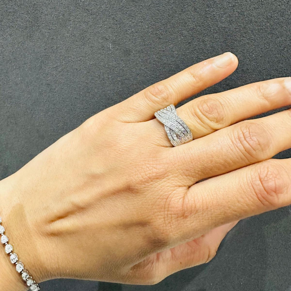 Round Cut Pave Set Criss Cross Multi-Row Lab Grown Diamond Ring 18K White Gold