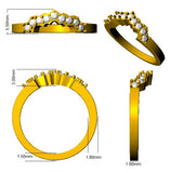 Gold ring with white stones and measurements on a white background