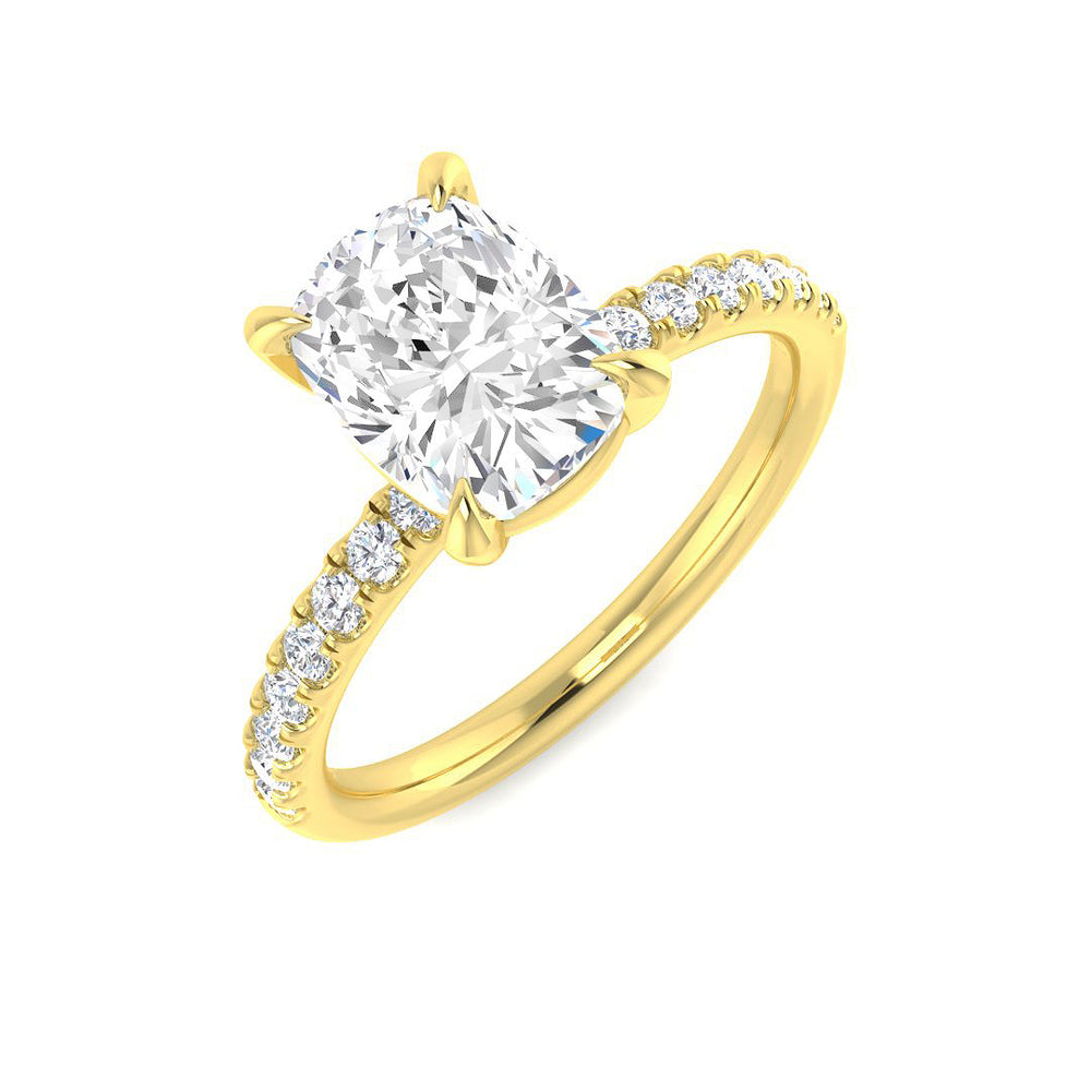 Cushion Cut Diamond Pavé Solitaire Engagement Ring in Yellow Gold