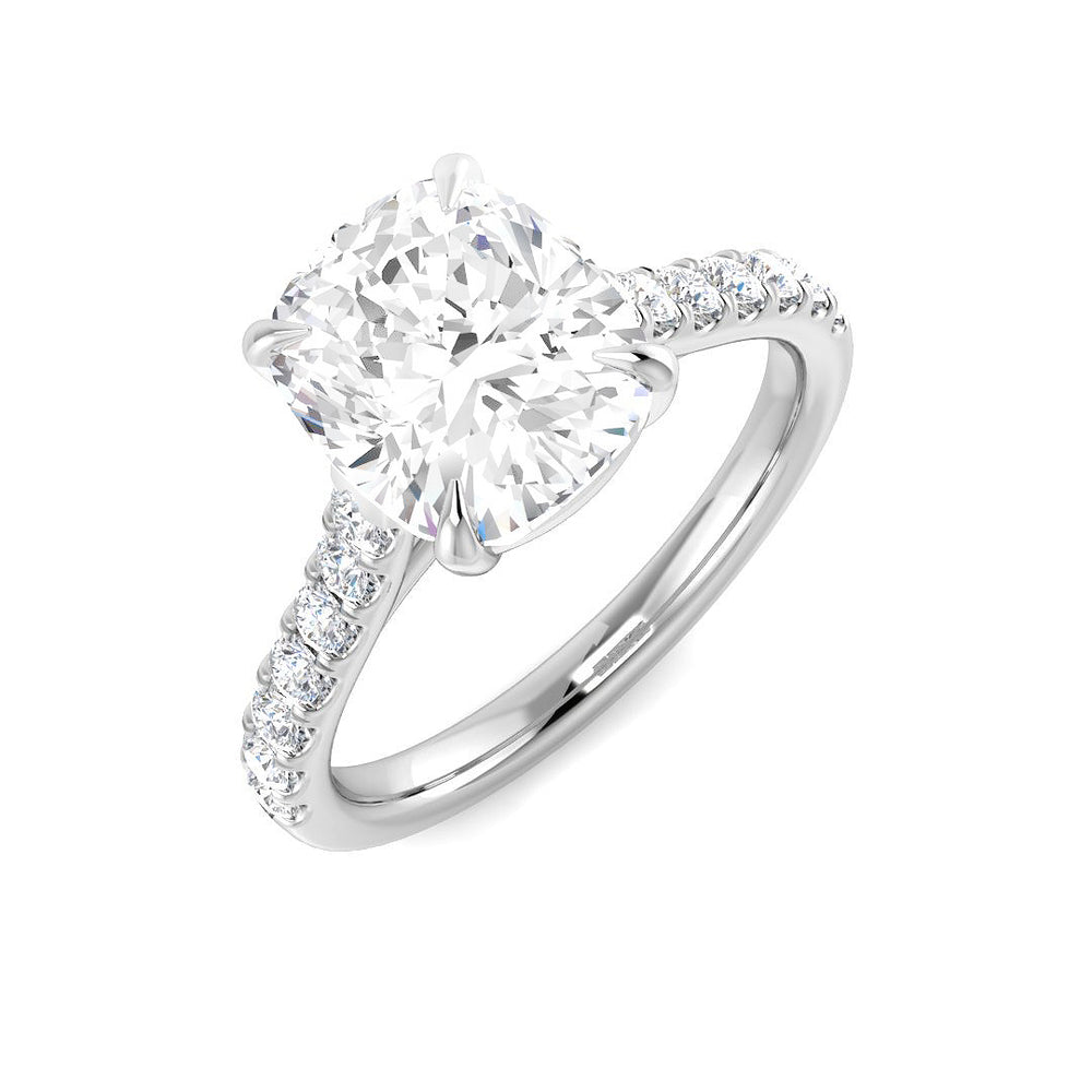 Cushion cut natural or lab grown diamond pavé solitaire engagement ring in white gold