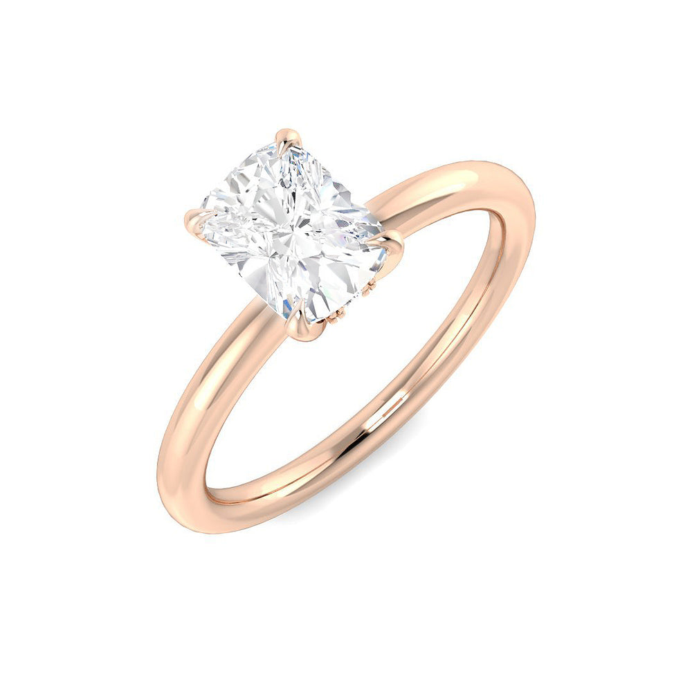 Cushion cut solitaire diamond engagement ring in rose gold featuring natural diamond F–G colour VS–SI clarity or IGI certified lab grown diamond D colour VVS clarity