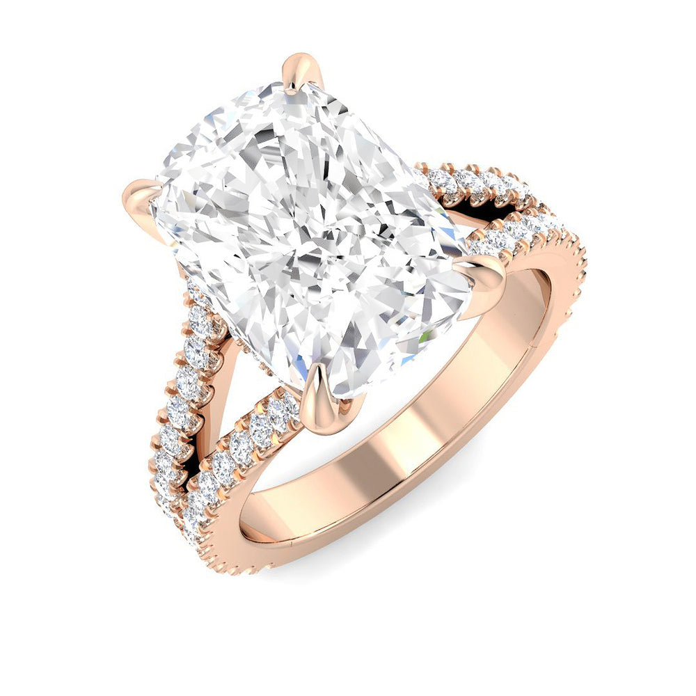 Cushion cut solitaire diamond engagement ring in rose gold with diamond pavé band, offered with natural diamond (F–G colour, VS–SI clarity) or lab grown diamond (D colour, VVS clarity)