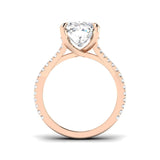 Cushion cut solitaire diamond engagement ring in rose gold with diamond pavé band, offered with natural diamond (F–G colour, VS–SI clarity) or lab grown diamond (D colour, VVS clarity)