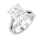 Cushion cut solitaire diamond engagement ring in white gold with pavé band, available in natural diamond (F–G colour, VS–SI clarity) or lab grown diamond (D colour, VVS clarity)