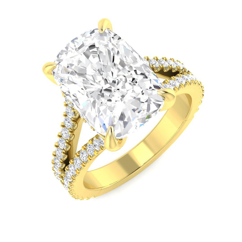 Cushion cut solitaire diamond engagement ring in yellow gold with pavé set shoulders, featuring natural diamond (F–G colour, VS–SI clarity) or lab grown diamond (D colour, VVS clarity)