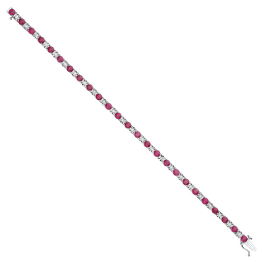 Illusion Set Round Cut Natural Diamond and Ruby Gemstone Bracelet in 18K White Gold