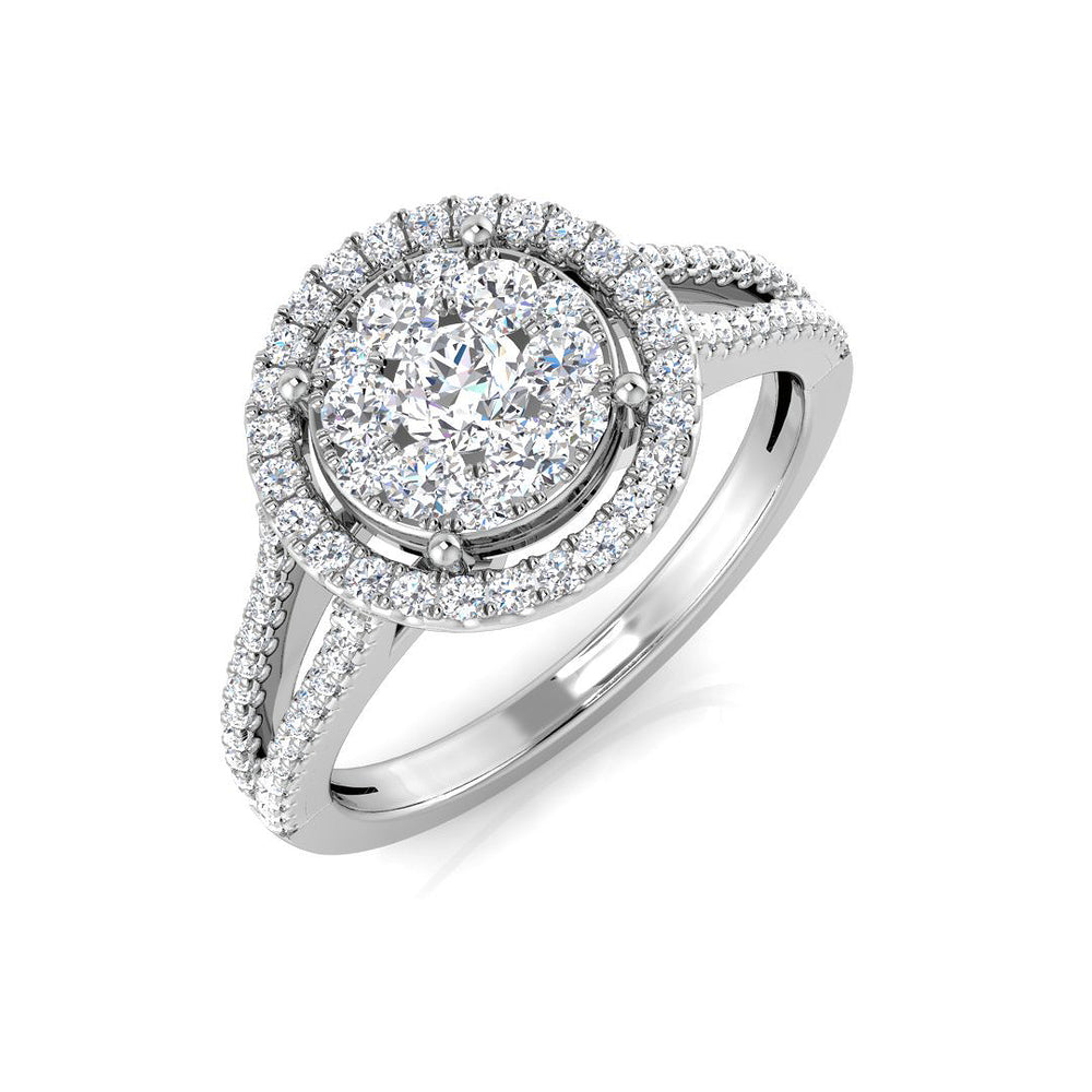 Round cluster halo ring in 9k white gold with diamond halo
