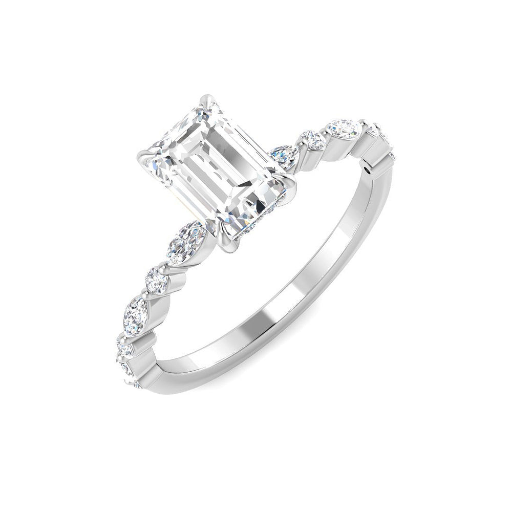 Emerald cut diamond engagement ring in white gold with marquise and round diamond shoulder accents