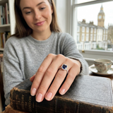 Emerald Cut Blue Sapphire Halo Ring with Natural Round Cur Pave Band | Gemstone Ring