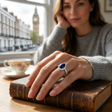 Pear Cut Blue Sapphire Halo Ring with Natural Round Diamond Pave Band