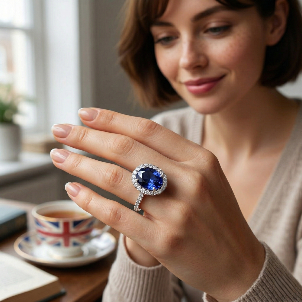Blue Oval Tanzanite Halo Ring with Diamond Pavé Band