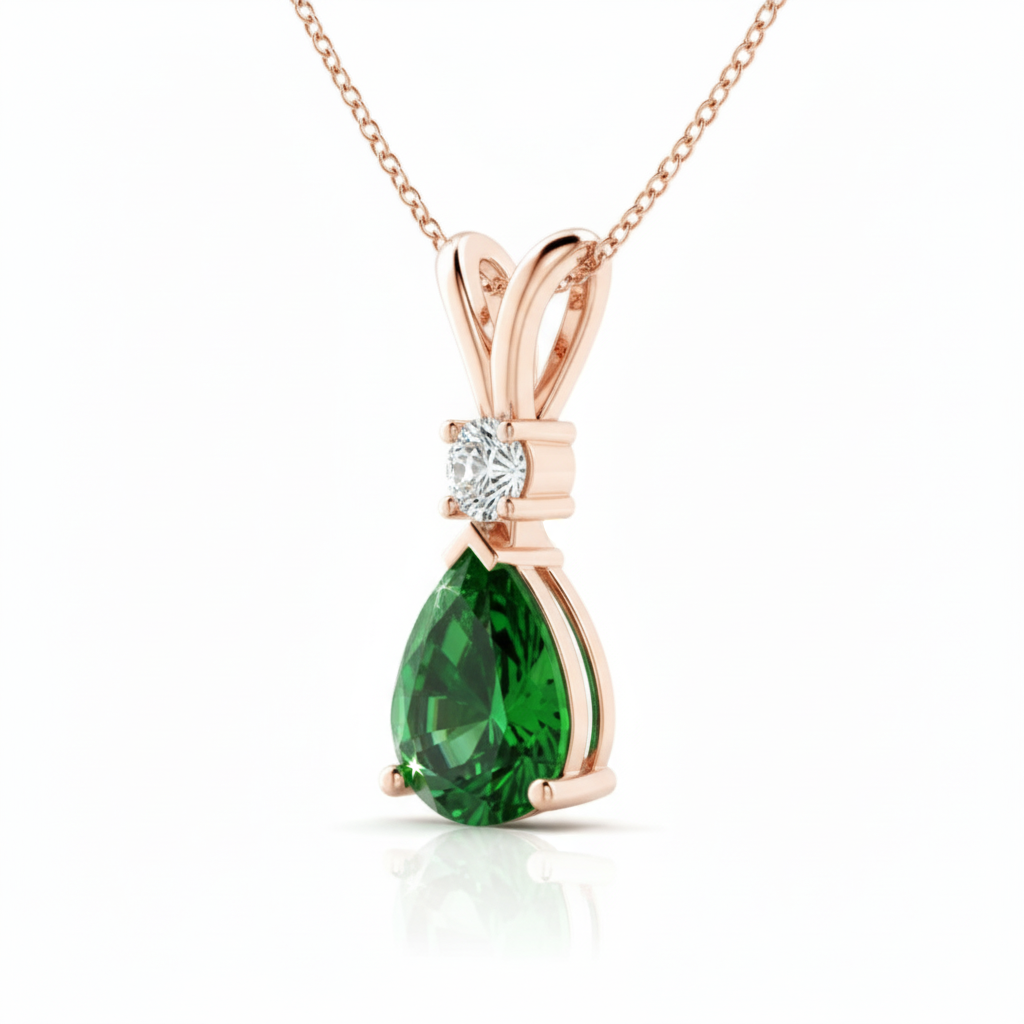 Pear Emerald & Diamond Rose Gold Pendant Necklace