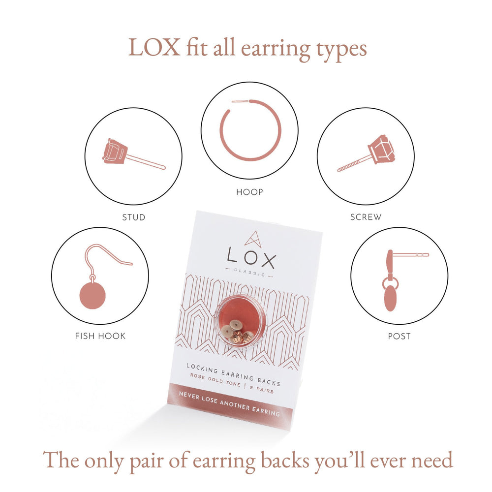 LOX earring backs packaging with illustrations of different earring back types on a white background.