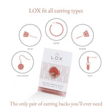 LOX earring backs packaging with illustrations of different earring back types on a white background.