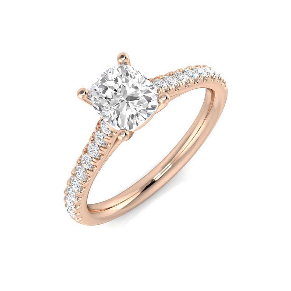 Lab Grown Cushion & Round Cut 4-Prong Diamond Pavé Engagement Ring