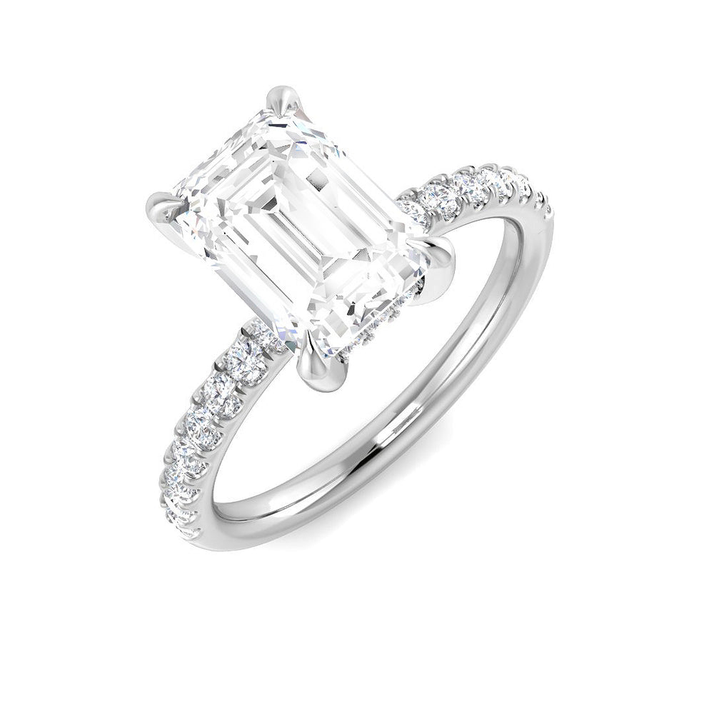 Lab Grown Emerald & Round Cut Prong Set Diamond Engagement Ring