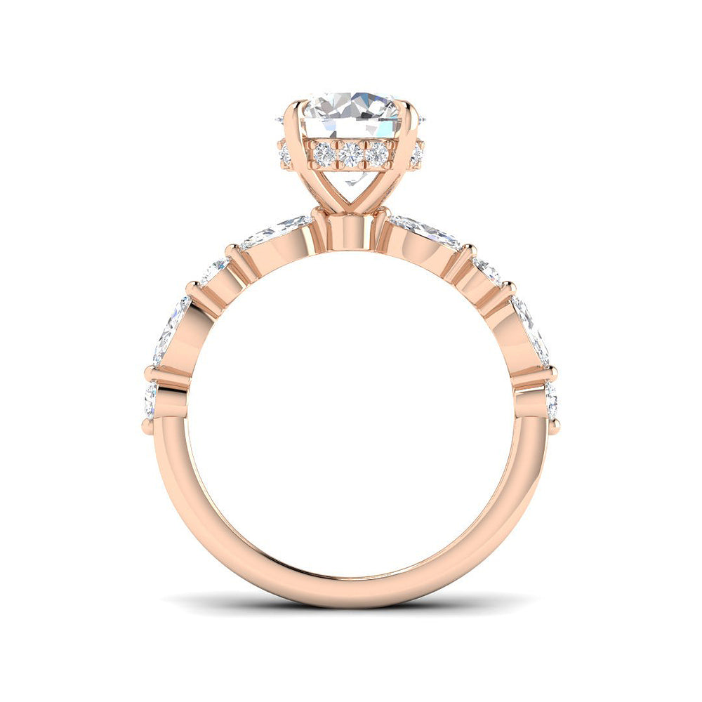 Rose gold ring with a heart-shaped diamond on a white background
