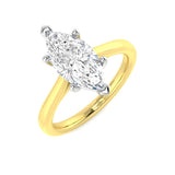 Marquise cut diamond solitaire ring in yellow gold featuring a polished plain band and classic prong setting
