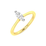 Marquise cut diamond solitaire ring in yellow gold featuring a sleek plain band and elegant prong setting