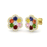 9K Yellow Gold Cluster Flower Earrings with Multi Sapphire Stones & Natural Diamonds