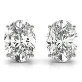 A pair of oval-cut lab-grown diamond stud earrings with a 4-prong setting in a white gold or platinum color, with a clear and vibrant appearance.
