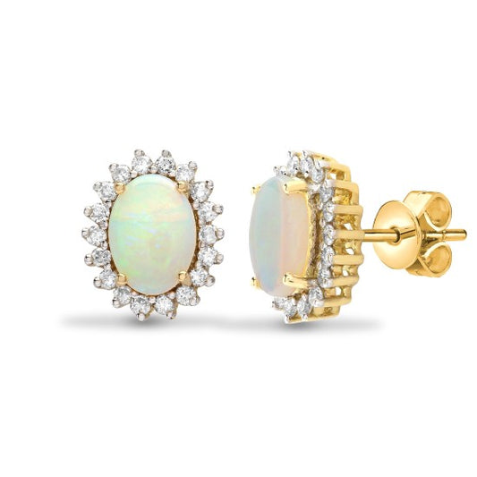 Solitaire Opal Birthstone Stud Earrings with Natural Diamond Cluster in 18K Gold