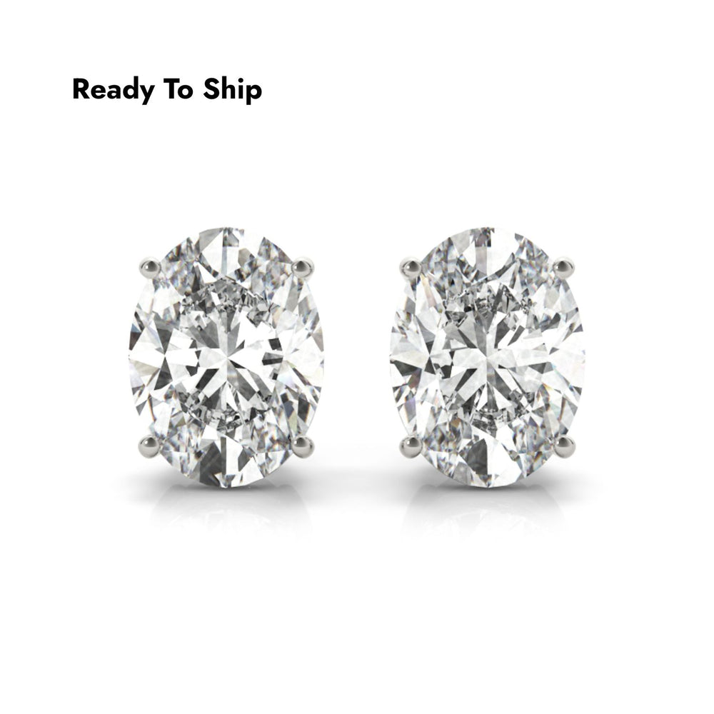 2.00 Carat Lab Grown Oval Diamond Stud Earrings in 9K White Gold, Oval Solitaire Lab Diamond Stud Earrings with Push Back