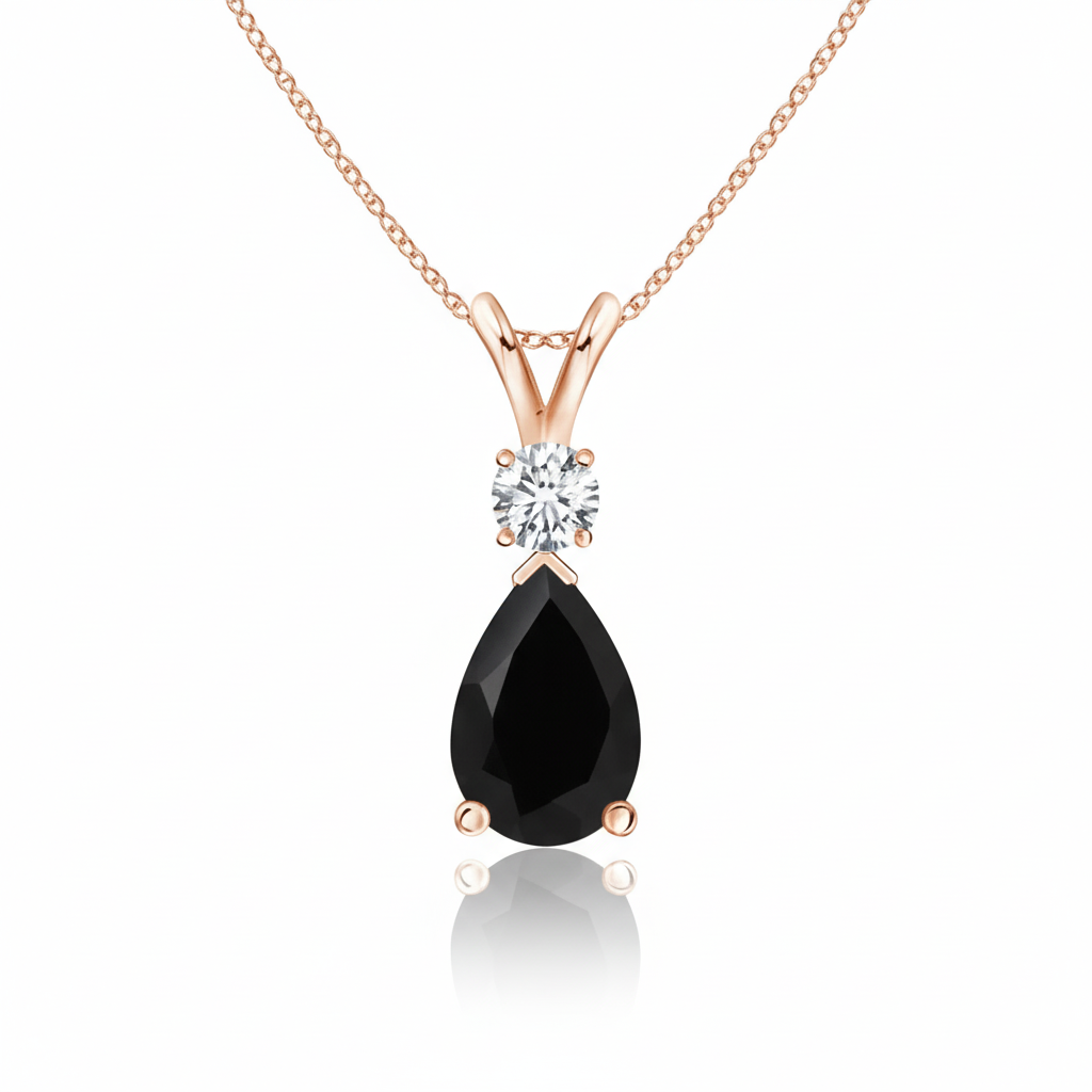 Pear Black Onyx & Diamond Rose Gold Pendant Necklace