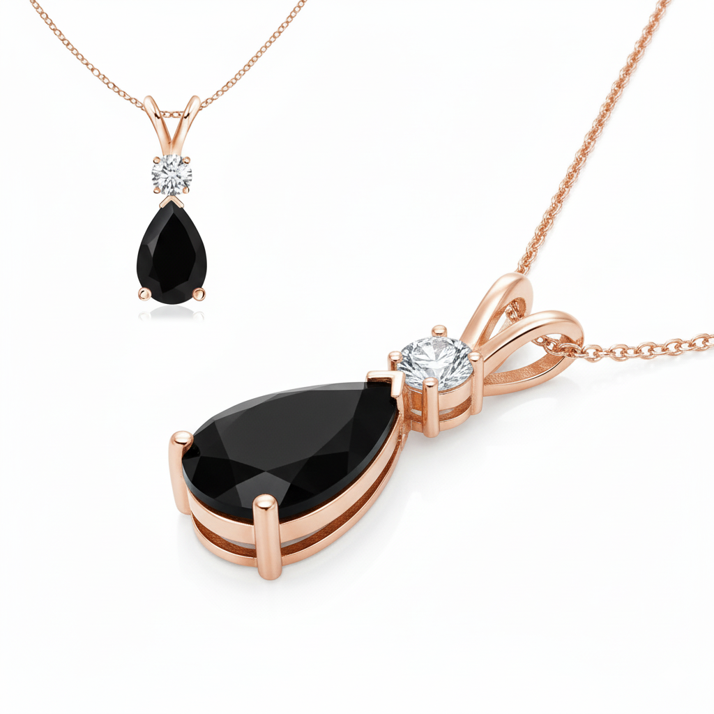 Pear Black Onyx & Diamond Rose Gold Pendant Necklace