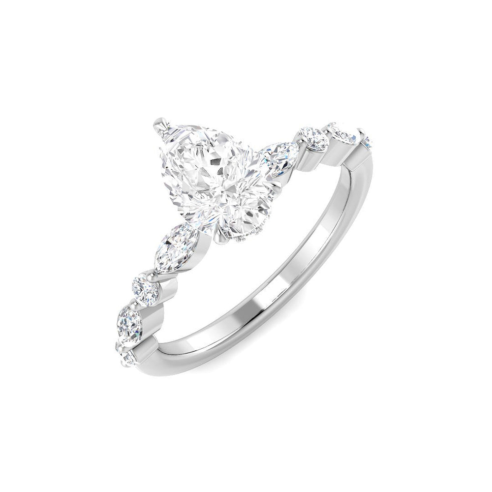 Diamond ring with a pear-shaped center stone on a white background