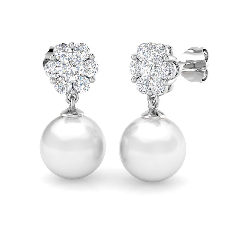 Pearl Floral Diamond Drop Earrings with Round Cluster Diamonds