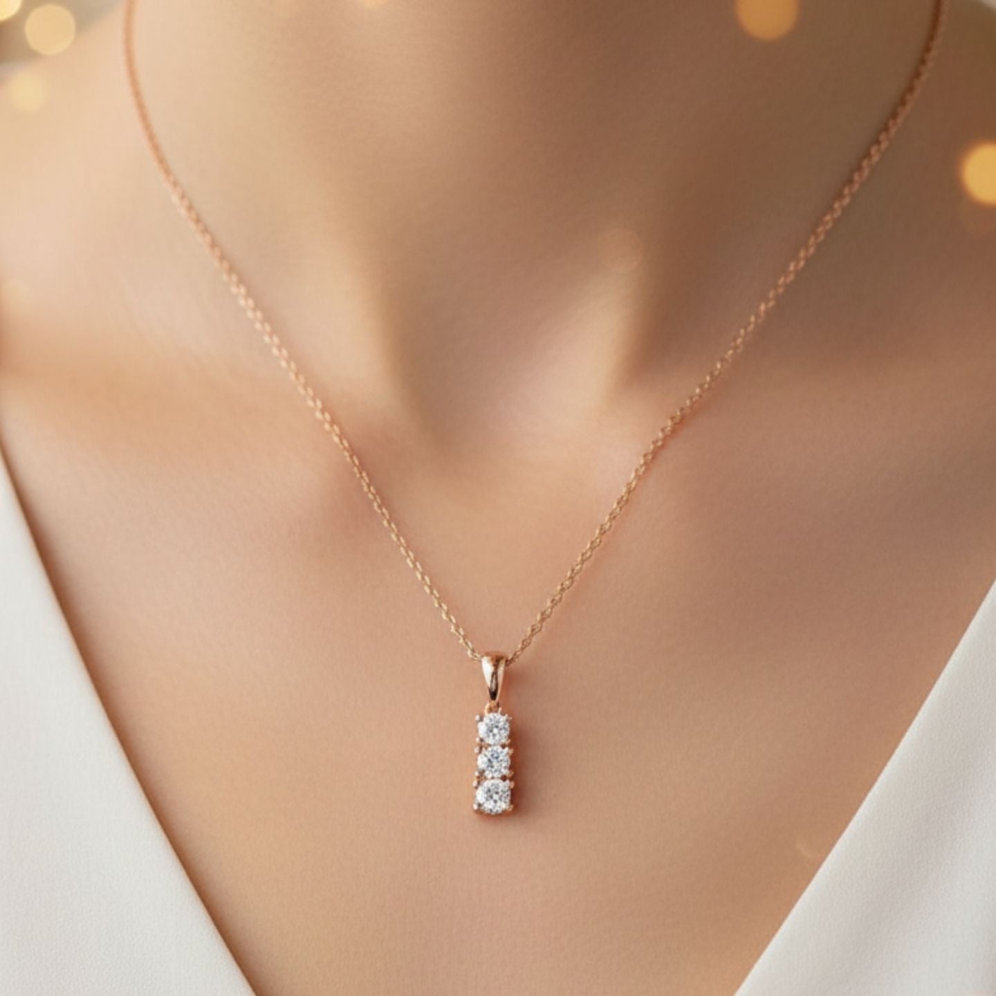 Rose gold necklace with a diamond pendant on a mannequin.