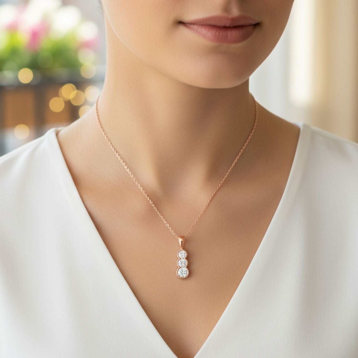 Rose gold necklace with a pendant worn by a person in a white top, blurred background