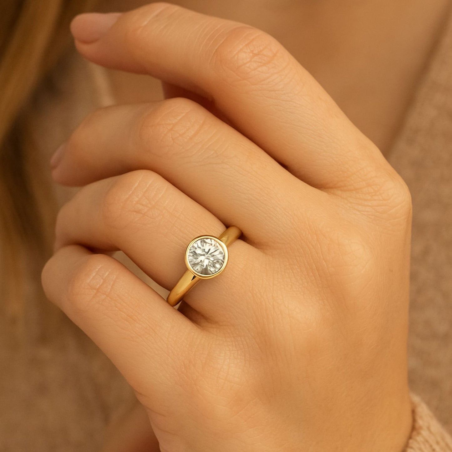 Lab Grown Diamond D-VVS Round Cut Bezel Set Solitaire Wedding Ring Birthday Gift for Her