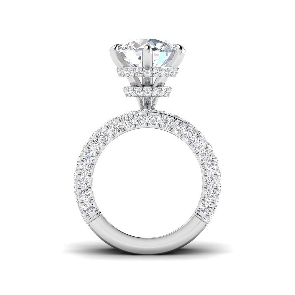 Luxury round diamond ring featuring wide pavé diamond band in white gold